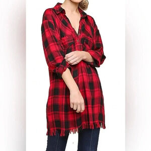 Umgee Women's Flannel Plaid Print Long Sleeve Dress Tunic red black size S